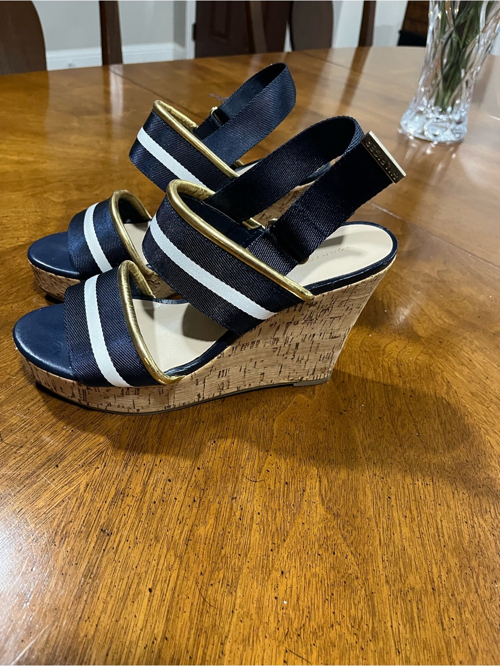 Tommy Hilfiger Navy and White Striped Cork Wedge Sandals with Gold Trim